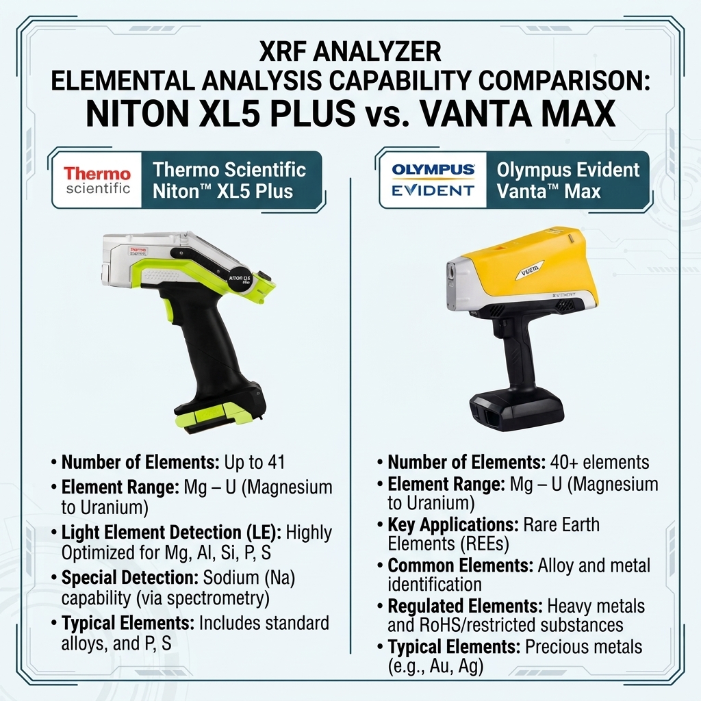 What are the key differences between the Olympus Evident Vanta Max and the Niton XL5 Plus?